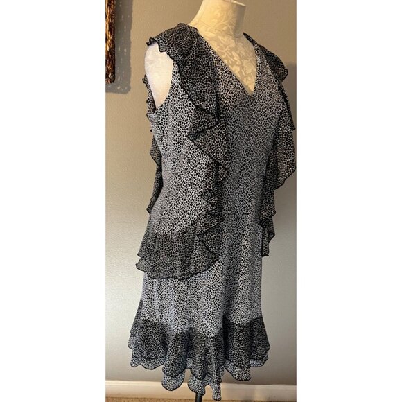Michael Kors Dress Black White L Large Fluttery Floral Print V Neck Ruffle - Picture 7 of 10